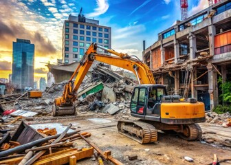 Construction Equipment Accident Scene with Damaged Machinery and Debris in Urban Setting