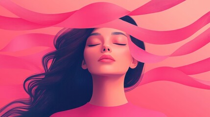 Serene woman meditating with flowing pink ribbons, embodying tranquility and inner peace, symbolizing breast cancer awareness.