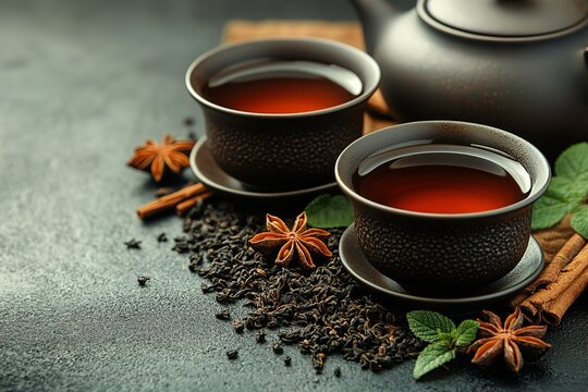 Two cups of tea with a sprig of mint and a cinnamon stick - Powered by Adobe