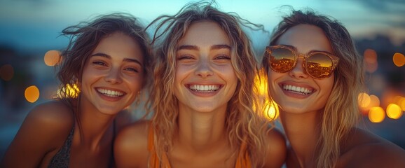 Fototapeta premium Three Happy Young Women Friends Together Smiling and Looking at the Camera