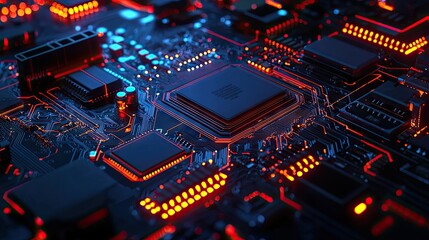 Close-up of computer chip and then switching to internet node connection. Front view. Chip circuit board close-up, curiosity, glimmering, realistic style.