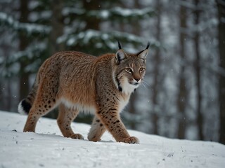 A lynx strolls through a snowy forest landscape.