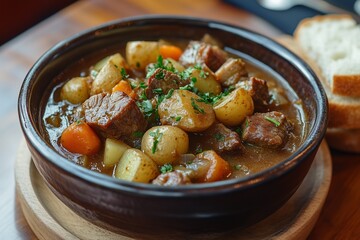 Traditional Irish Stew with Tender Lamb, Root Vegetables, and Crusty Soda Bread Served in a Rustic Ceramic Bowl on Wooden Table