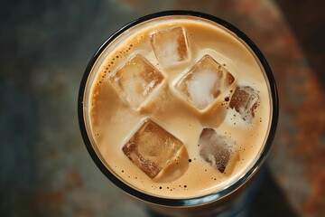Top-Down View of Iced Latte with Ice Cubes, coffee, drink, beverage, refreshment