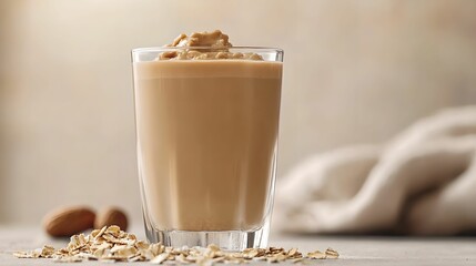 Nutritious Morning Drink with Peanut Butter and Oats, healthy, breakfast, smoothie, glass