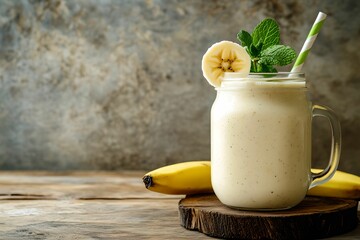 Healthy Banana Protein Smoothie in a Mason Jar, drink, treat, nutrition, beverage