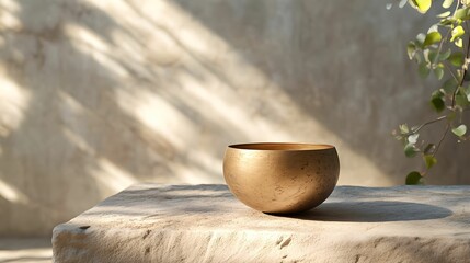 Sound Therapy with Tibetan Singing Bowl on Uncluttered Backdrop, relaxation, calm, simplicity, harmony