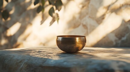 Sound Therapy with Tibetan Singing Bowl on Uncluttered Backdrop, relaxation, calm, simplicity, harmony
