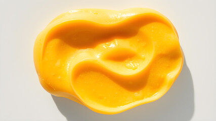 Peach mango Frozen yogurt with ice cream texture in a curved shaped smear, top down, professional photograph, bright natural lighting. Generative AI