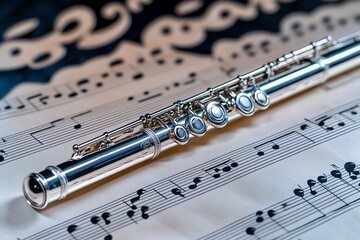 Obraz premium Flute lying on a sheet of music, its silver body gleaming under the light, with the detailed notes of a classical composition behind it