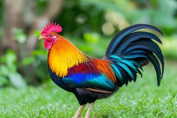 Fototapeta premium Rooster with a black and red head. It is standing on a green field. The rooster has a black and red tail. full body shot of a rooster