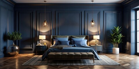 Naklejka premium Dark Blue Bedroom Interior Background Render with Moody Lighting and Elegant Decor