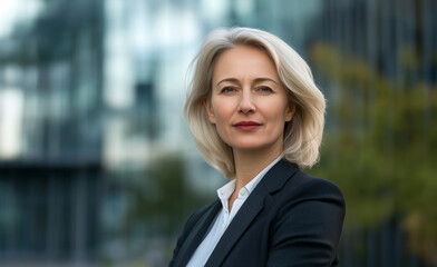 A woman in a business suit stands in front of a building