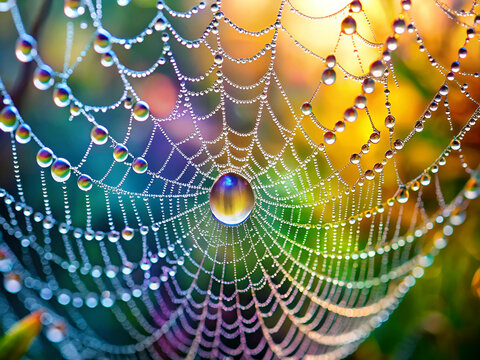 A spider web with a drop of water in the center. The web is made of many small beads and the water droplet is surrounded by them