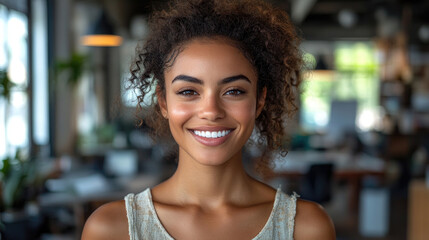 A young woman with curly hair radiates joy as she smiles in a light-filled, contemporary office space surrounded by greenery