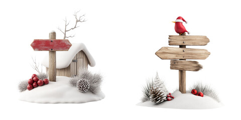 Naklejka premium Winter scene with a cabin, snow, and festive cardinal on a signpost.