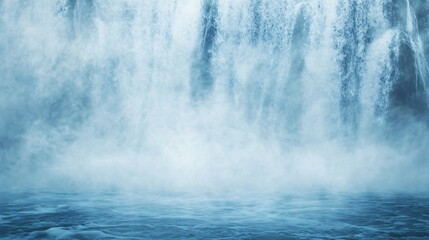 Misty waterfall cascading into calm blue water.