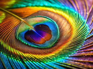 Obraz premium A colorful feather with a heart shape in the center. The feather is vibrant and full of life, with a rainbow of colors that seem to dance and shimmer in the light