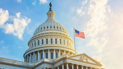 The White House and the American Flag waving in the wind, daylight. The White House, President Residence, Stars and Stripes. 4th of July, National Holiday Border. Memorial Day, Capitol, US Congress