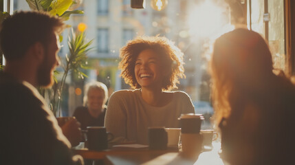 Group of diverse friends laughing and enjoying coffee at a cozy cafe.