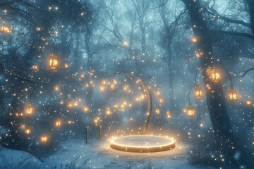 Christmas Cylindrical Table for Promotions. Round podium and gold light garlands. Luxurious Cylindrical Stand with Christmas trees. Realistic 3D Studio in snowy forest. New Year Sale Round Platform.