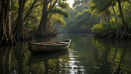 A serene rowboat journey through a mangrove forest.