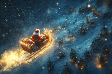 Fototapeta premium A santa Claus is riding a sleigh full of presents