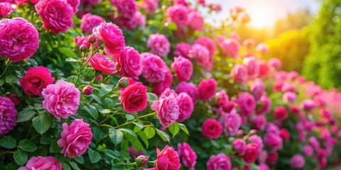 Vibrant pink hedge roses in full bloom under the summer sun for beautiful garden scenes