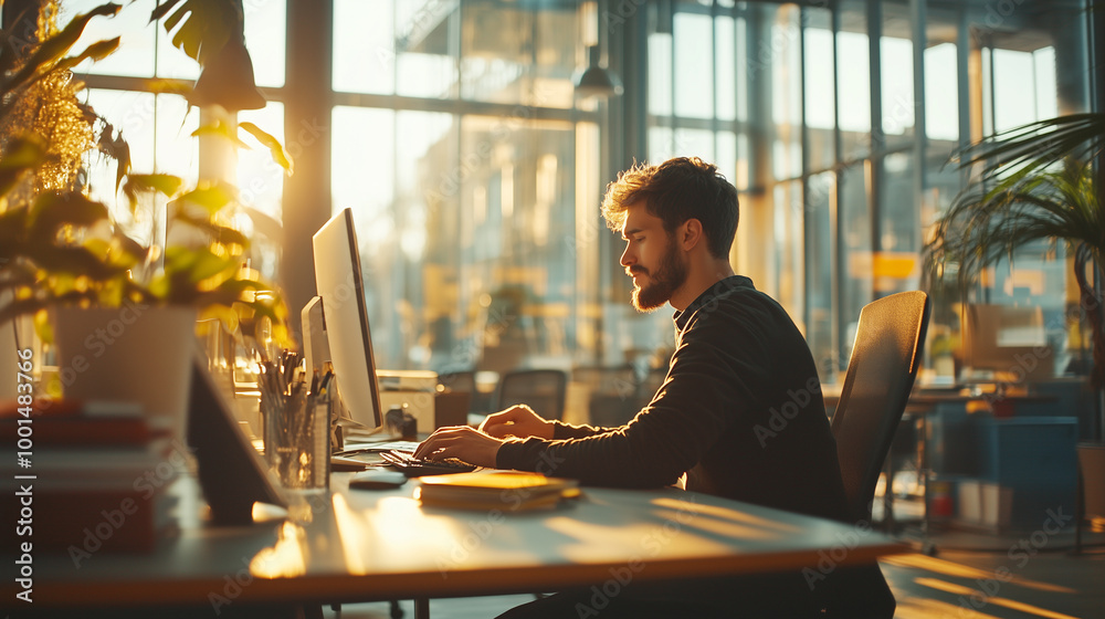 Wall mural man working in a modern open-plan office.