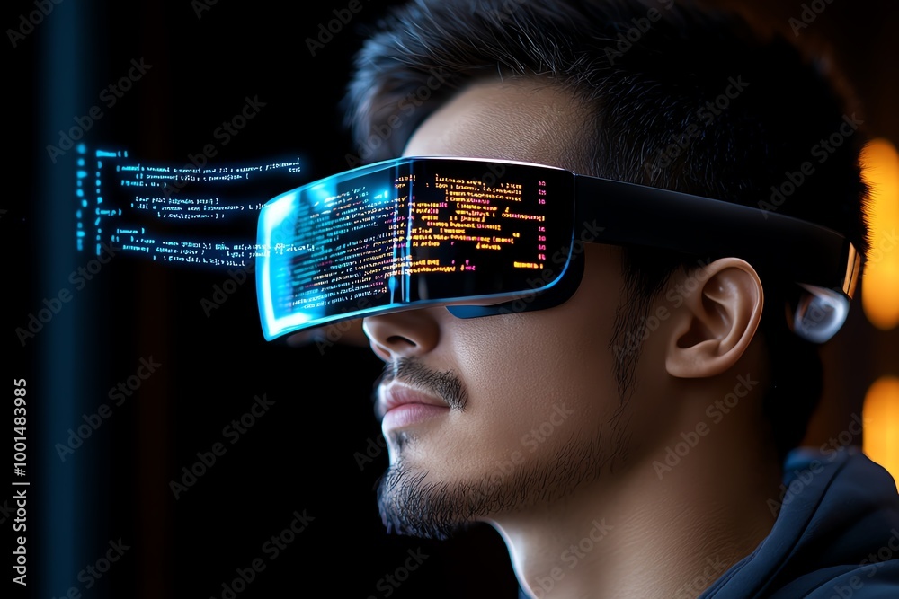 Poster Futuristic code review session, where developers use augmented reality glasses to visualize and interact with lines of code floating in the air