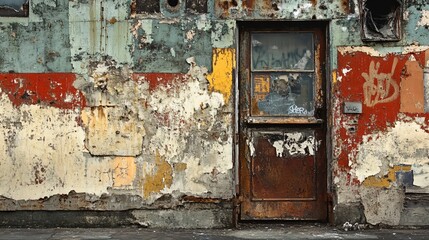 Naklejka premium Rusty door with peeling paint on an old building wall.