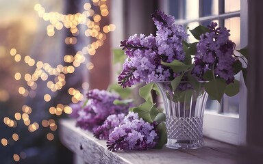 Fototapeta premium Elegant Purple Flower Arrangement with Blooms on a Bright Windowsill