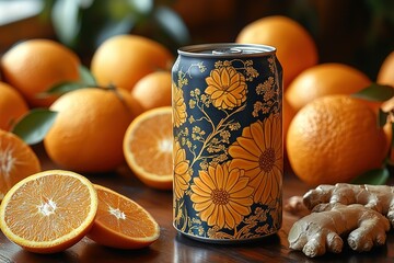 A can of orange juice with a floral design sits on a table with oranges