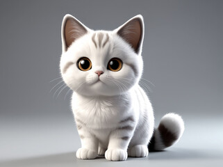 3D Illustration Art of A Cute White Cat with Big Eyes Sitting on The Floor.