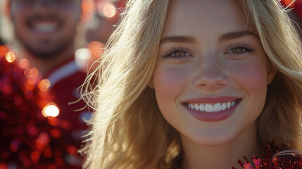 A cheerful cheerleader shows her enthusiasm during halftime at a lively college football game on a crisp autumn day