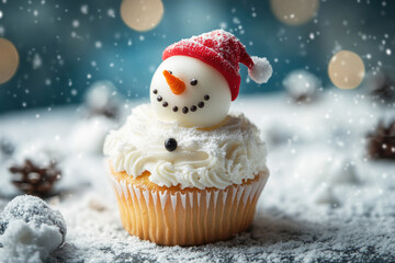 Fototapeta premium Delicious Christmas snowman cupcake on the festive background