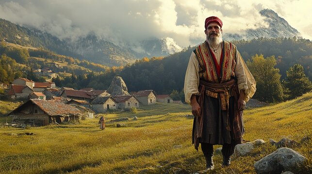 A man in a Serbian folk costume, standing in a mountainous region with a small village in the background