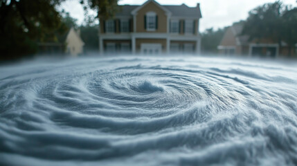 Obraz premium A mesmerizing vortex of mist spirals around a house during an unexplained atmospheric phenomenon, creating an eerie atmosphere