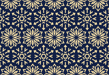 Abstract geometric pattern with lines, snowflakes. A seamless vector background. Golden and dark blue texture. Graphic modern pattern