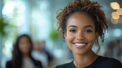 A joyful young woman with curly hair smiles warmly in a modern office, engaging with colleagues during a collaborative meeting