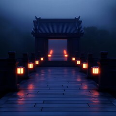 Obraz premium Ambient fog, hidden temple entrance, glowing lanterns, 3D illustration