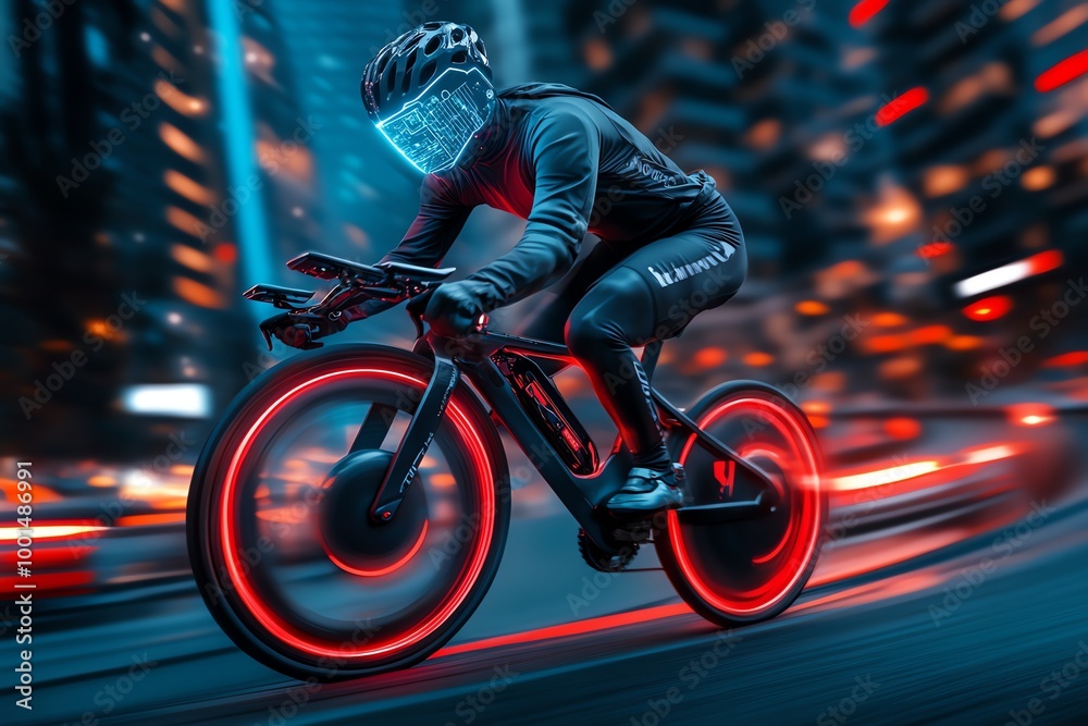 Poster futuristic cycling in a digital city, where cyclists ride on neon-lit paths with virtual coaches, th