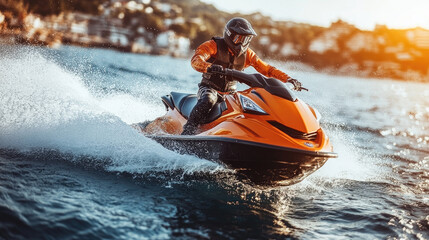 Fototapeta premium A person rides an orange jet ski over the waves while the sun sets in the background, creating a beautiful coastal atmosphere