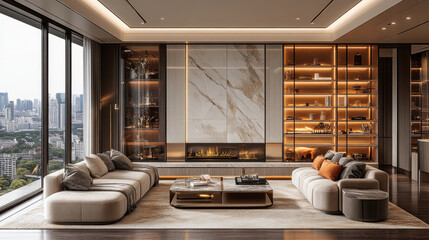 Obraz premium Bright and stylish living room showcases plush seating with warm accents, large windows revealing a panoramic city skyline in a modern apartment