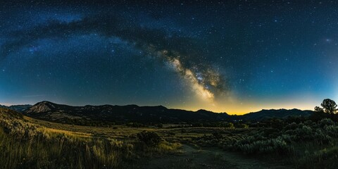 Naklejka premium A wide-angle view of a starry night sky, with the Milky Way visible over a mountain range.