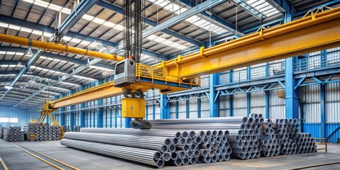 Industrial gantry crane lifting a stack of metal pipes in manufacturing facility