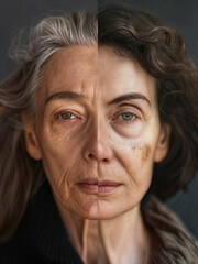 Split face. the contrast between youth and age, featuring a young woman and an old woman with similar facial features. They are depicted side by side with their faces merged into one.