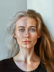 Naklejka premium Split face. A split portrait of a woman, with one side featuring her with blonde hair and the other as with gray hair. Comparison between different skin types and hair colors.