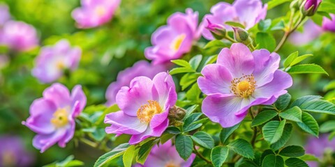 Fototapeta premium Close-up of light purple flowers on park rugosa rose bush in vibrant detail