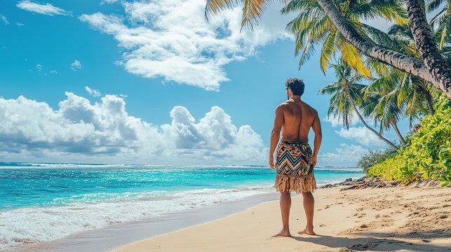 A man in a Samoan lavalava, standing on a sandy beach with palm trees and blue ocean waves